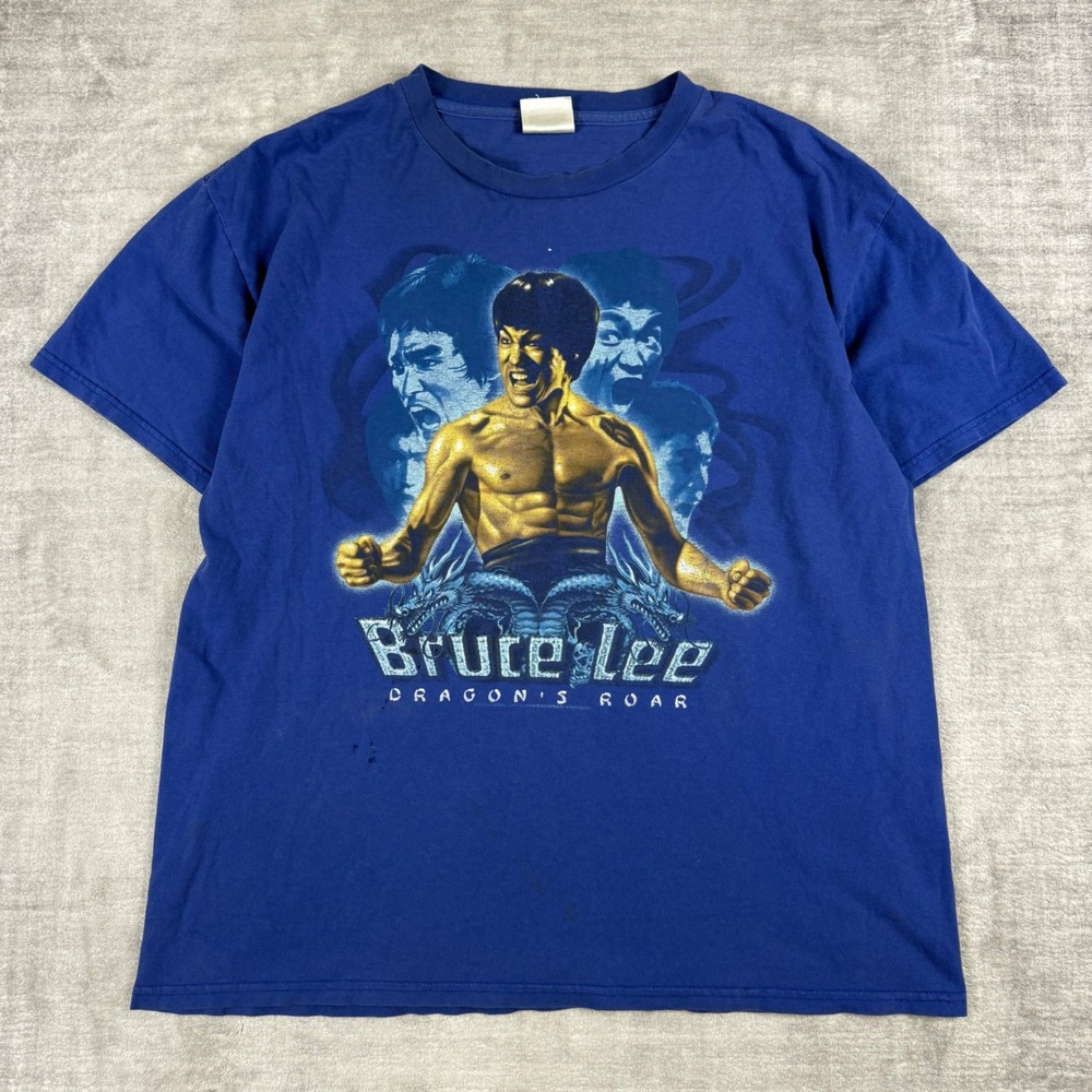 Bruce Lee Shirt Mens XL Blue Vintage 90s Dragons Roar Actor Movie Art Combat